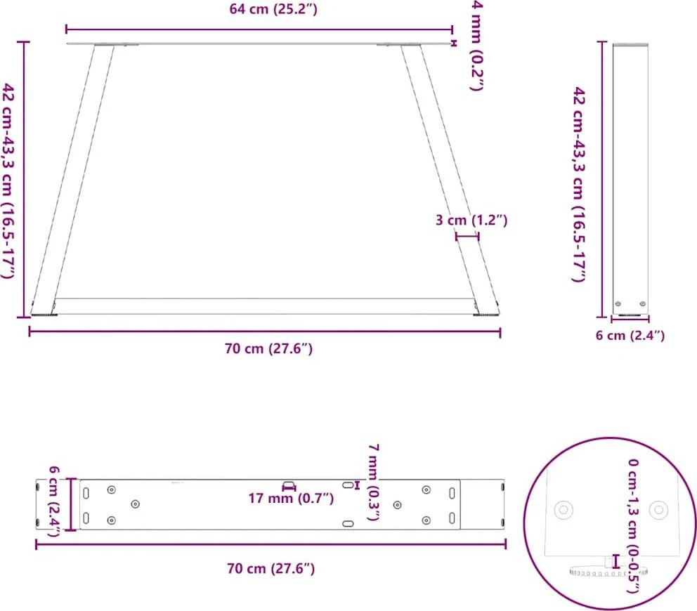 Kavos staliuko kojelės, V formos, 2 vnt., antracito spalvos, 70x(42-43,3) cm, plienas