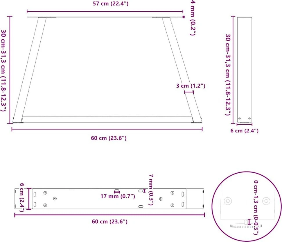 Kavos staliuko kojelės, V formos, 2 vnt., antracito spalvos, 60x(30-31,3) cm, plienas