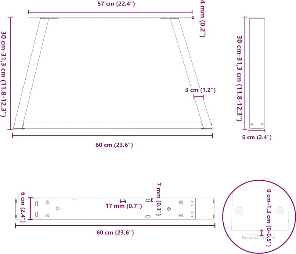 Kavos staliuko kojelės, V formos, 2 vnt., juodos, 60x(30-31,3) cm, plienas