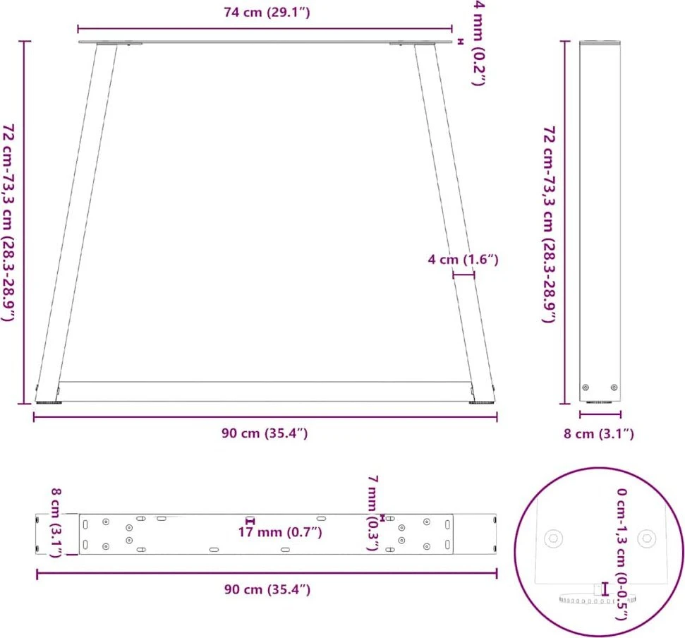 Valgomojo stalo kojos, V formos, 2 vnt., antracito spalvos, 90x(72-73,3) cm, plienas