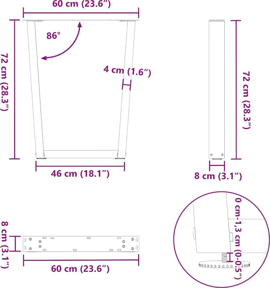 Valgomojo stalo kojelės, V formos, 2 vnt., juodos, 60x(72-73,3) cm, plienas
