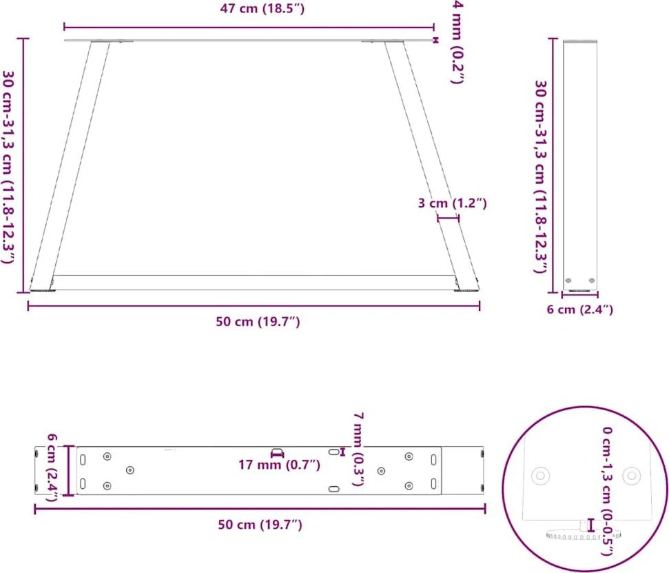 Kavos staliuko kojelės, V formos, 2 vnt., antracito spalvos, 50x(30-31,3) cm, plienas