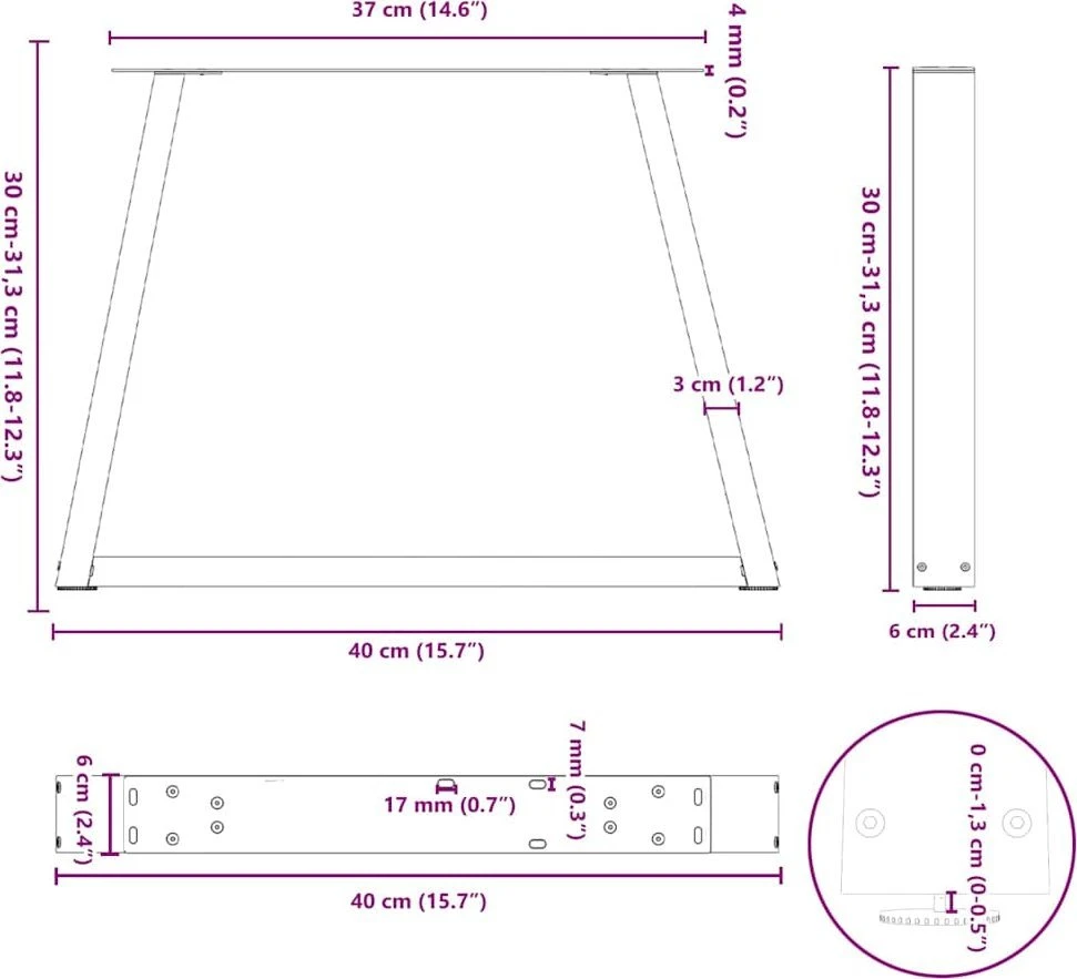 Kavos staliuko kojelės, V formos, 2 vnt., juodos, 40x(30-31,3) cm, plienas