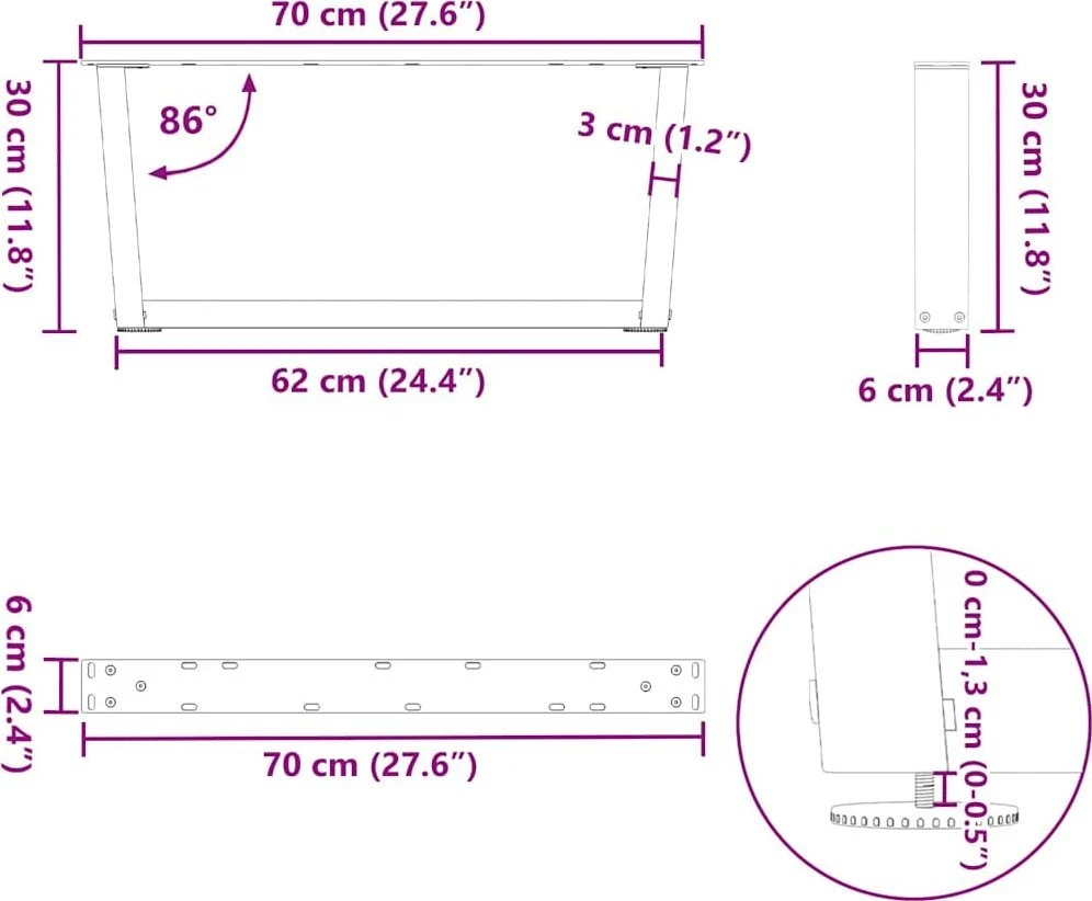 Kavos staliuko kojelės, V formos, 2 vnt., juodos, 70x(30-31,3) cm, plienas
