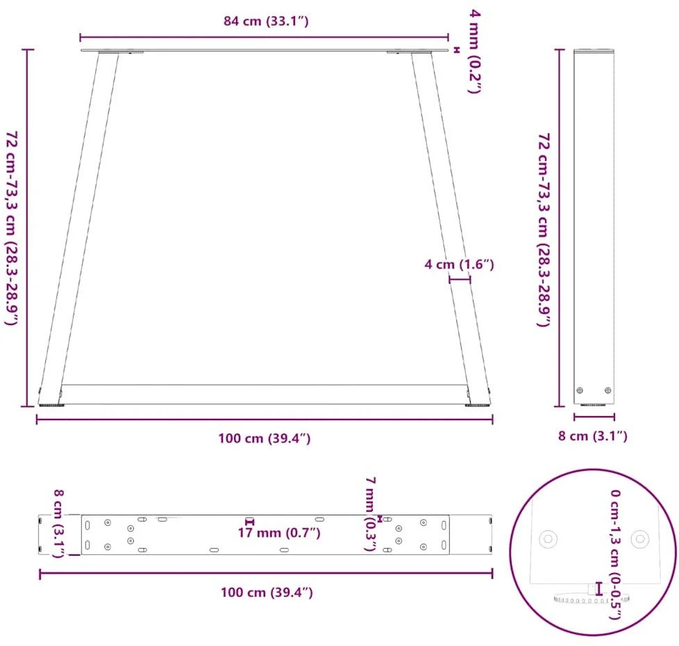 Valgomojo stalo kojos, V formos, 3 vnt., juodos, 100x(72-73,3) cm, plienas
