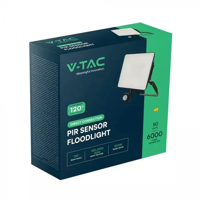V-TAC LED prožektorius su judesio jutikliu FLUXI MC 50W 6000lm 4000K IP65 juodas 23848-5