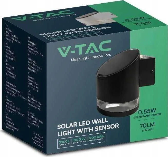 Sieninis šviestuvas V-tac 1W LED sieninis lauko šviestuvas su saulės baterija, juodas, 3000K, IP54
