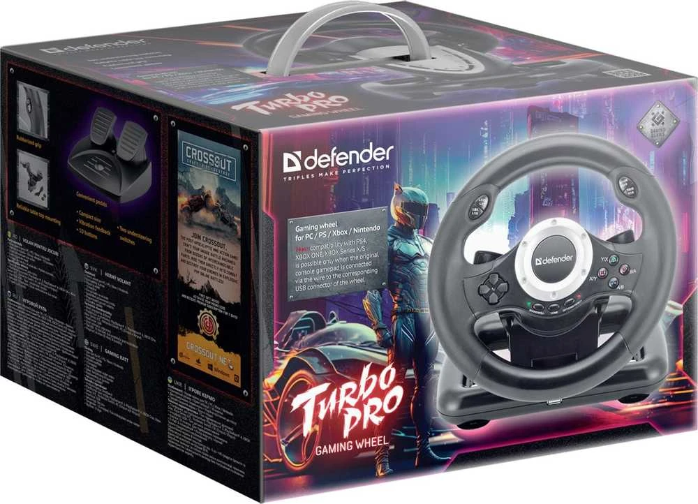 Defender TURBO PRO vairas, 10 mygtukų, USB, juodas, su pedalais, PS3, PS4, PC, XBOX One, XBOX Series X/S, Nintendo Switch