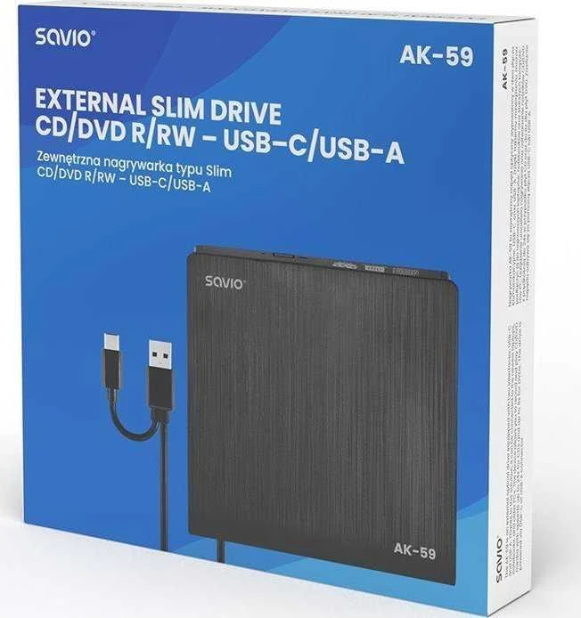 Išorinis CD/DVD Rašytuvas - Savio AK-59 Slim R/RW - USB-C/USB-A, Juodas