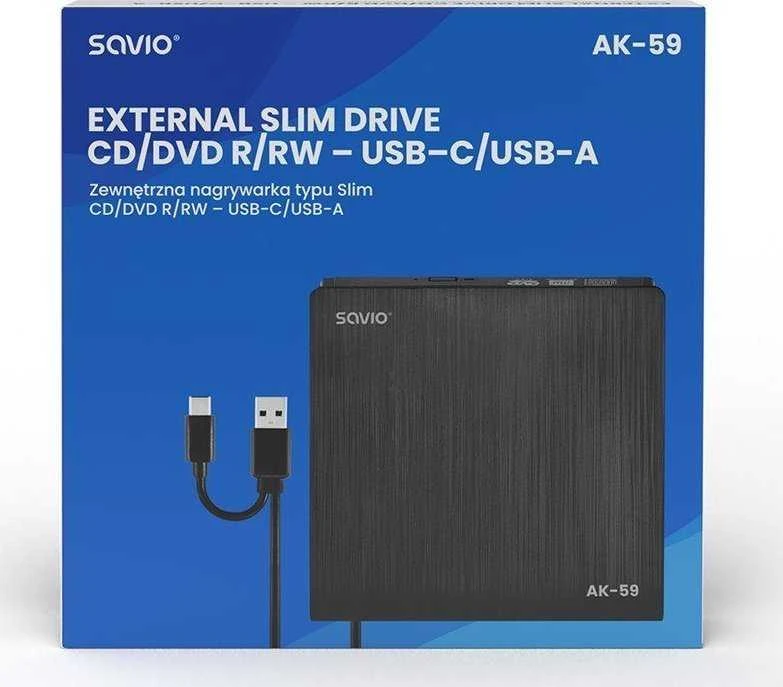 Išorinis CD/DVD Rašytuvas - Savio AK-59 Slim R/RW - USB-C/USB-A, Juodas