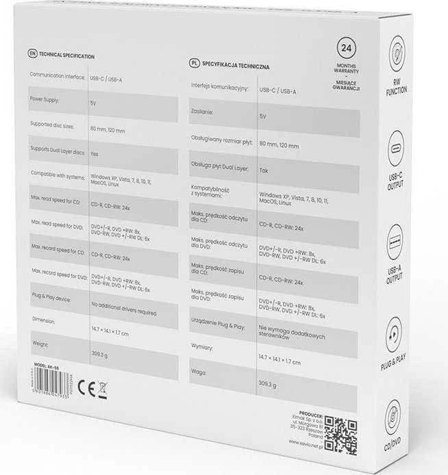 Išorinis CD/DVD Rašytuvas - Savio AK-59 Slim R/RW - USB-C/USB-A, Juodas