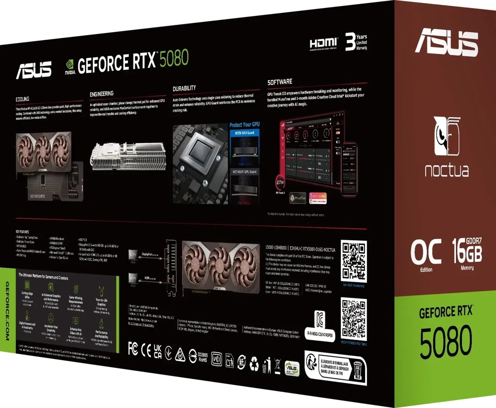 Vaizdo plokštė Asus GeForce RTX 5080 Noctua OC 16GB GDDR7 DLSS4 (RTX5080-O16G-NOCTUA)