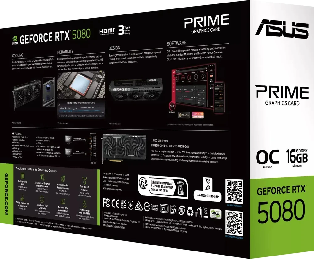 Vaizdo plokštė ASUS Prime GeForce RTX 5080 EVO OC Grafikos plokštė, 16384 MB GDDR7
