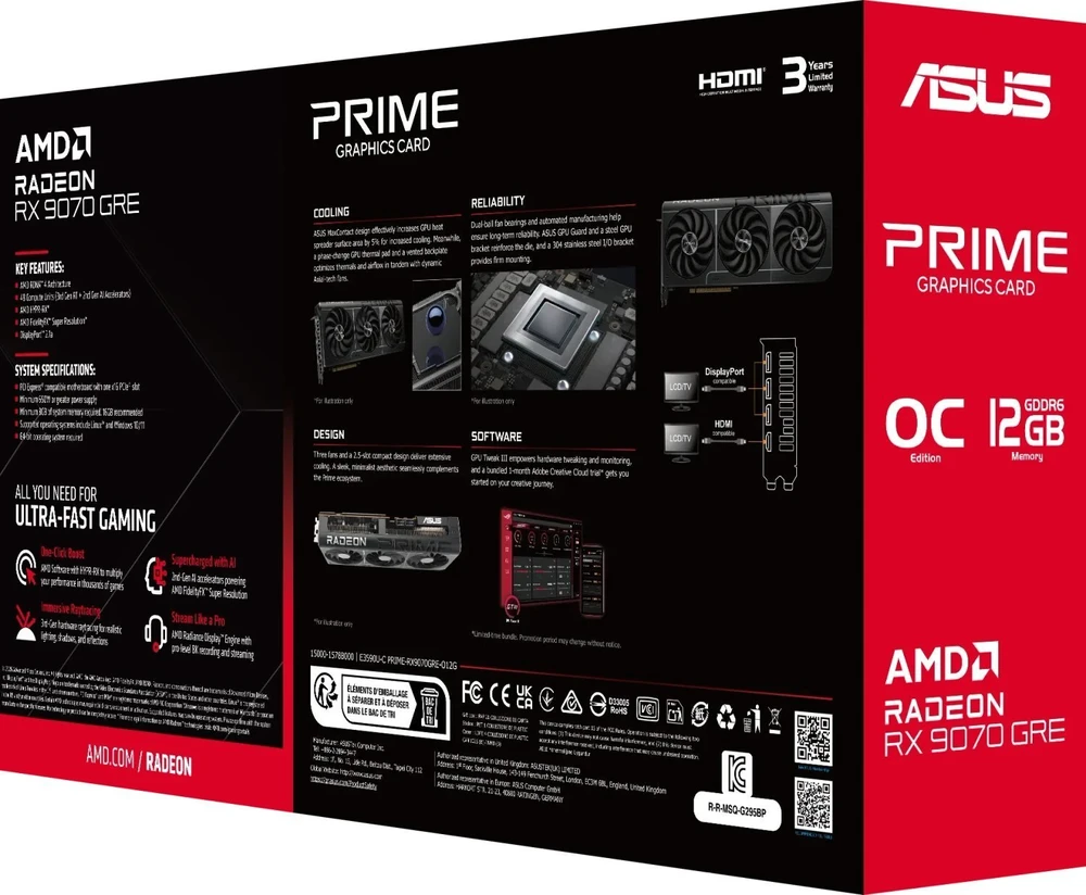 Vaizdo plokštė ASUS Prime -RX9070GRE-O12G AMD Radeon RX 9070 GRE 12 GB GDDR6