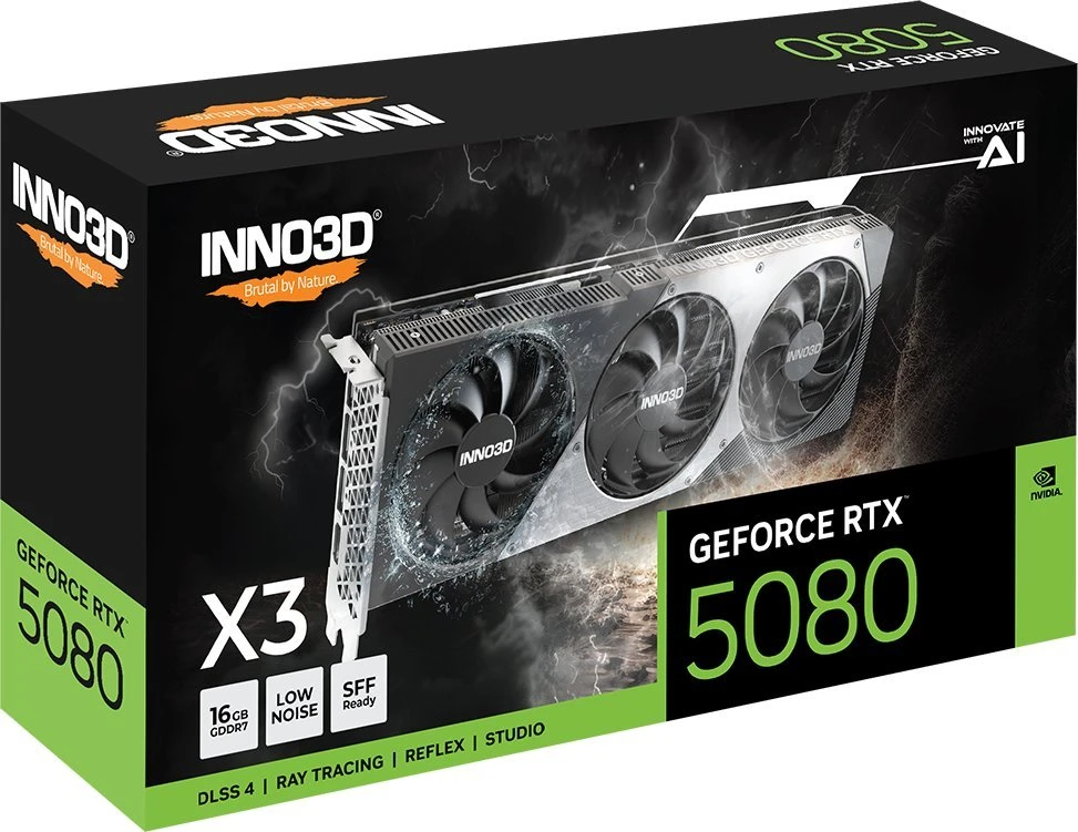 Vaizdo plokštė INNO3D NVIDIA GEFORCE RTX 5080 X3 16GB GDDR7 256bit, 2617 MHz / 30Gbps, 3x DP, 1x HDMI, 3 ventiliatoriai, 2 lizdai