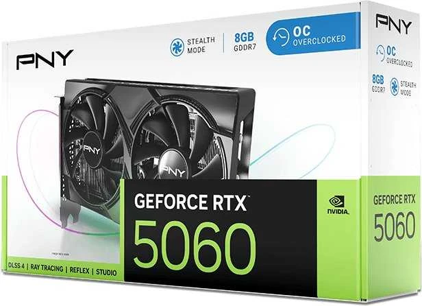 Vaizdo plokštė PNY GeForce RTX 5060 su dviem ventiliatoriais, 8 GB OC, DLSS 4