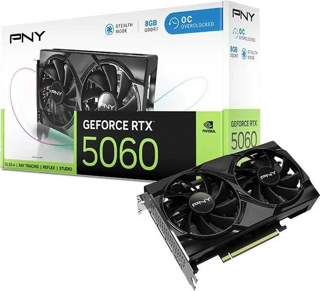 Vaizdo plokštė PNY GeForce RTX 5060 su dviem ventiliatoriais, 8 GB OC, DLSS 4
