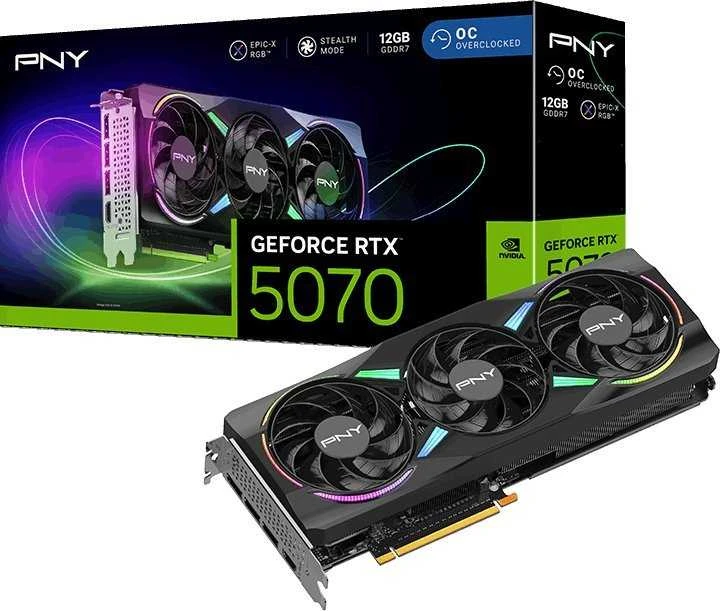 PNY GeForce RTX 5070 ARGB EPIC-X RGB™ trijų ventiliatorių vaizdo plokštė, 12 GB OC, DLSS 4