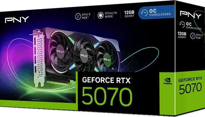 PNY GeForce RTX 5070 ARGB EPIC-X RGB™ trijų ventiliatorių vaizdo plokštė, 12 GB OC, DLSS 4