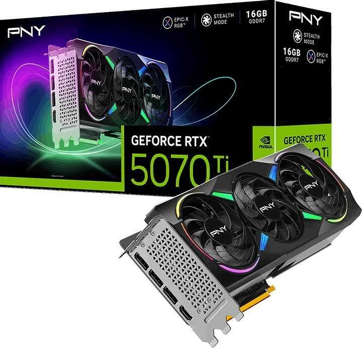 PNY GeForce RTX 5070 Ti ARGB EPIC-X RGB™ trijų ventiliatorių vaizdo plokštė, 16 GB OC, DLSS 4