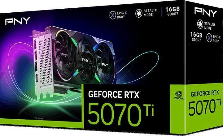 PNY GeForce RTX 5070 Ti ARGB EPIC-X RGB™ trijų ventiliatorių vaizdo plokštė, 16 GB OC, DLSS 4