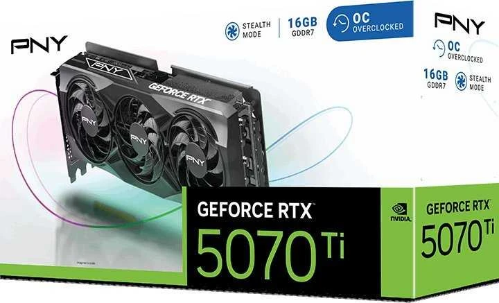 Vaizdo plokštė PNY GeForce RTX 5070 Ti su trimis ventiliatoriais, 16 GB, DLSS, 4 OC