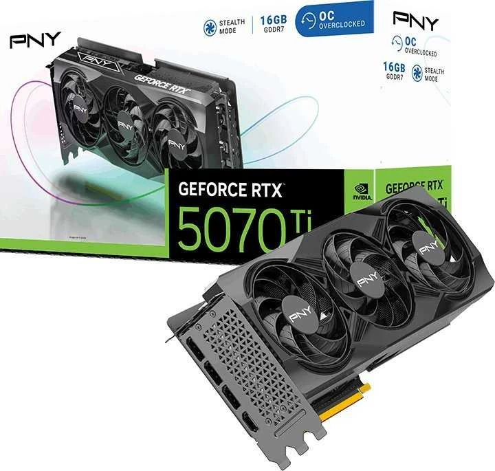 Vaizdo plokštė PNY GeForce RTX 5070 Ti su trimis ventiliatoriais, 16 GB, DLSS, 4 OC