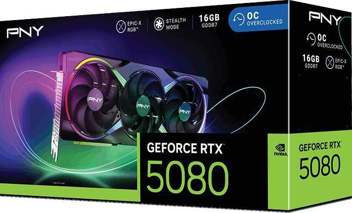 Vaizdo plokštė PNY GeForce RTX 5080 ARGB EPIC-X RGB Overclocked 16GB GDDR7 DLSS4 grafikos korta (VCG508016TFXXPB1-O)