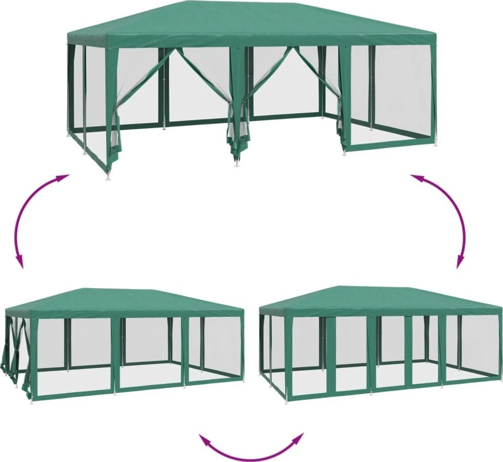 Proginė palapinė su 10 tinklinėmis sienomis, žalia, 6x4m, HDPE