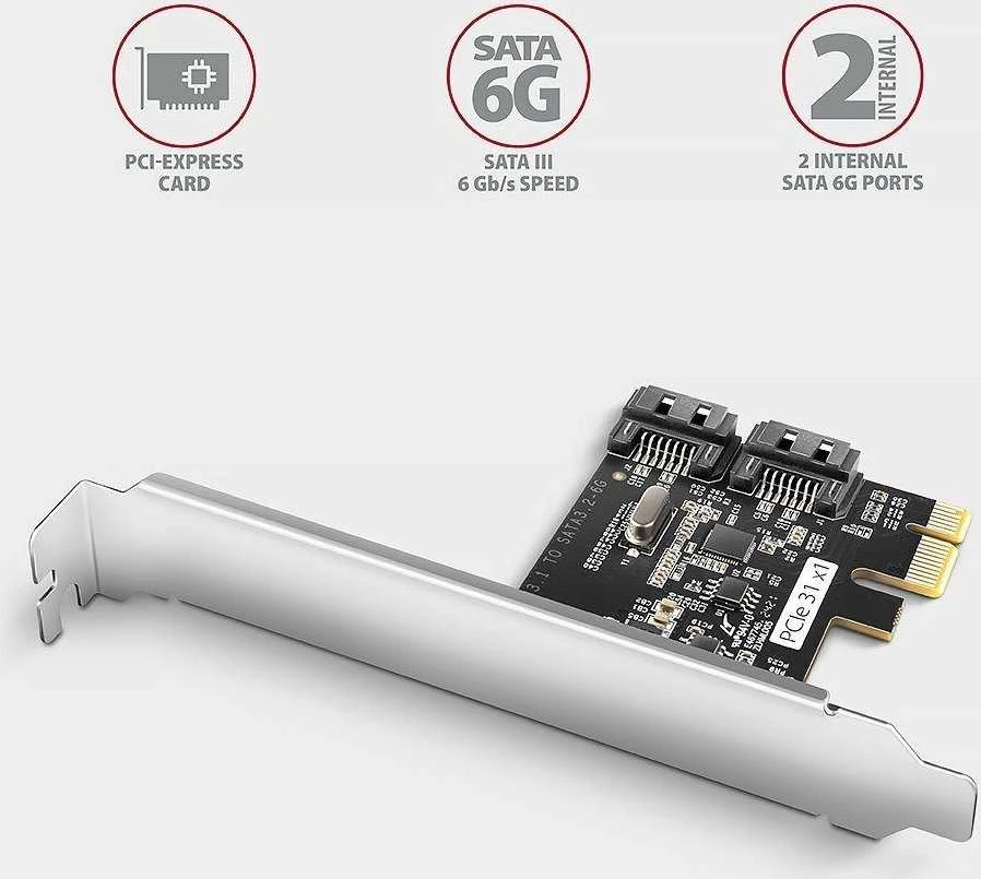 Axagon Dviejų kanalų SATA III PCI-Express valdiklis su dviem vidiniais SATA prievado išėjimais. Standartinis ir žemas profilis.