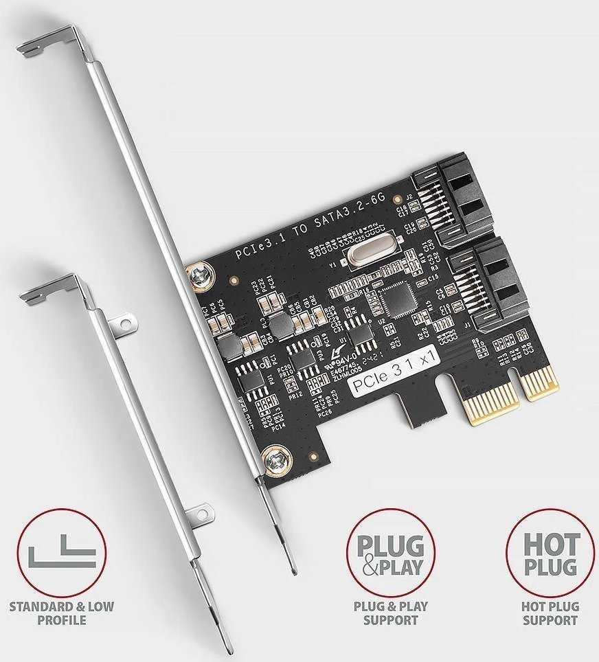 Axagon Dviejų kanalų SATA III PCI-Express valdiklis su dviem vidiniais SATA prievado išėjimais. Standartinis ir žemas profilis.