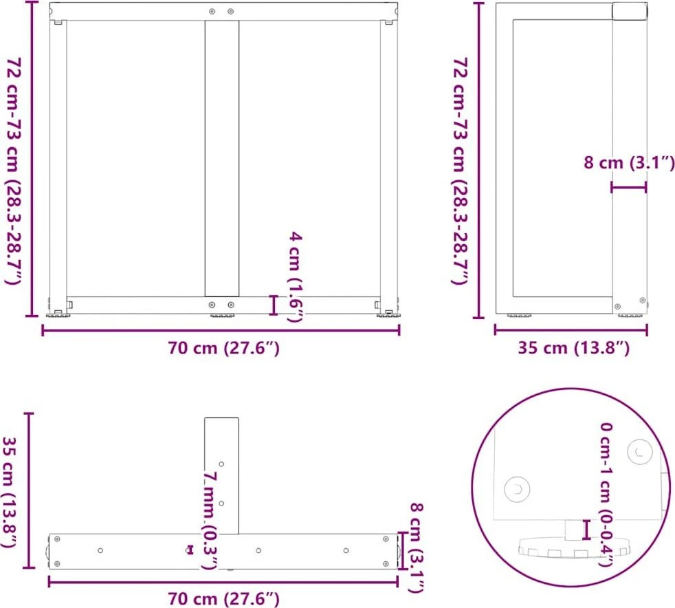 Valgomojo stalo kojelės, T formos, 2 vnt., 70x35x(72-73) cm