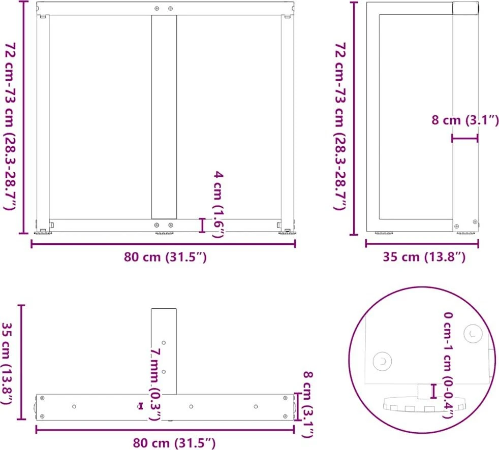Valgomojo stalo kojelės, T formos, 2 vnt., 80x35x(72-73) cm