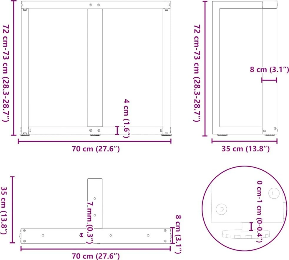 Valgomojo stalo kojelės, T formos, 2 vnt., 70x35x(72-73) cm
