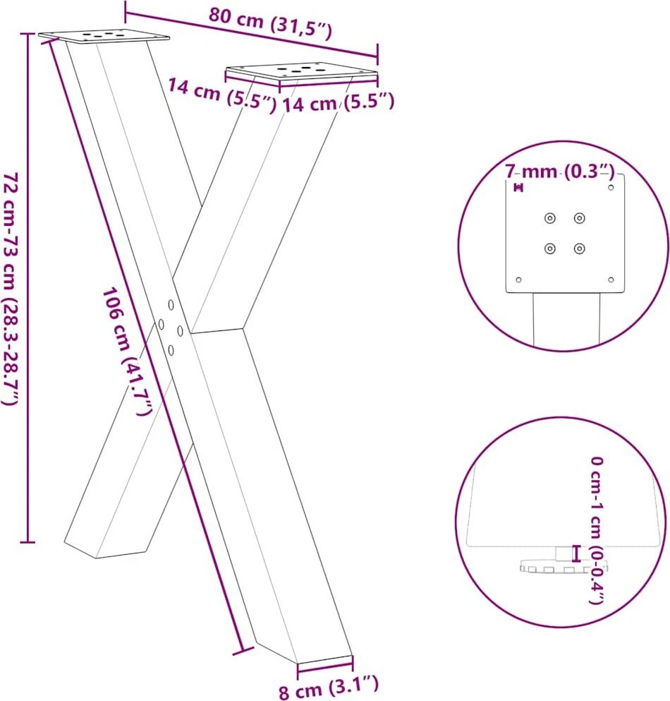 Valgomojo stalo kojos, 3 vnt., juodos, 80x(72-73) cm, plienas, X formos