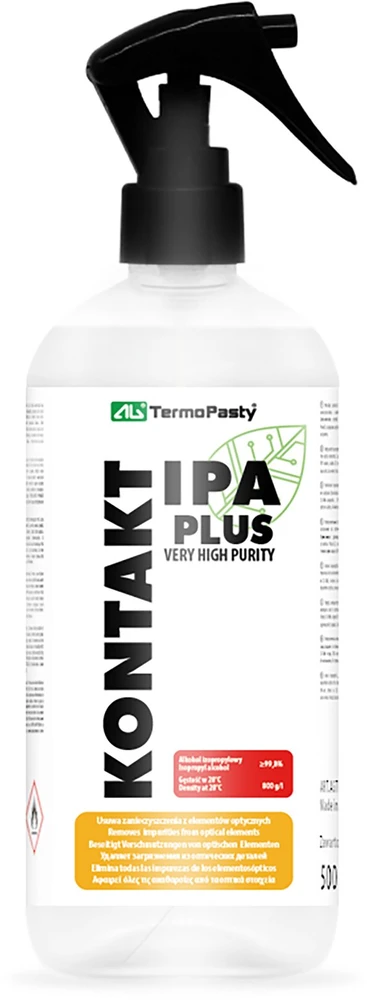 Valiklis Ag Termopasty KONTAKT IPA PLUS. Didelio grynumo izopropilo alkoholis. Pašalina visus nešvarumus nuo optinių elementų. Nepalieka žymių ar dėmių. Turi riebalus šalinančių savybių. Plastikinis butelis, 500 ml.