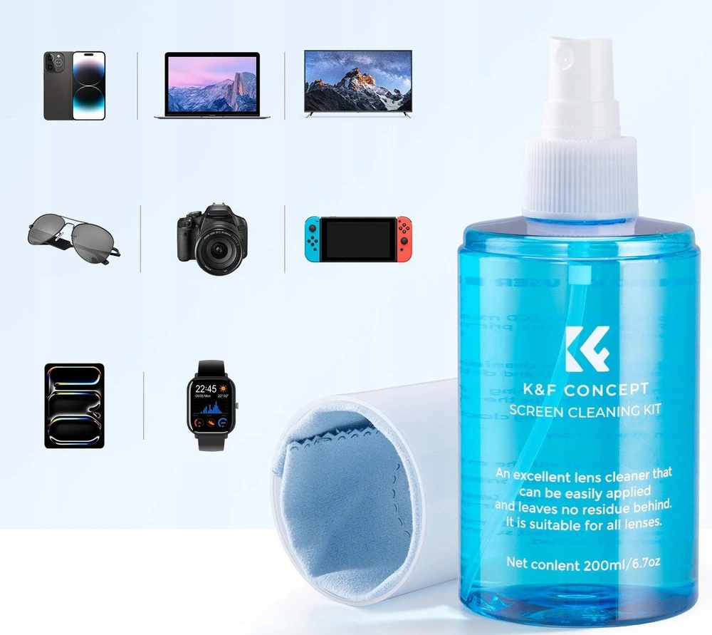 Valiklis K&F ekranų valymo rinkinys LCD monitoriams K&F skystis 200 ml + 3x šluostė / KF08.059 / Nešiojamas valymo rinkinys