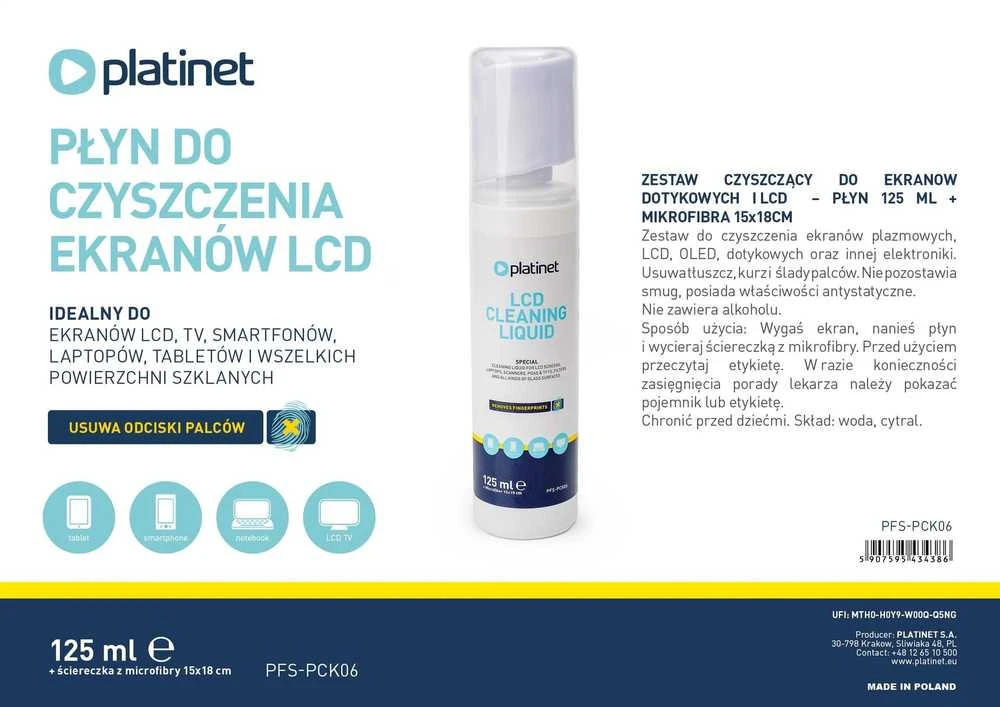 Platinet PLATINET LCD valymo skystis + mikropluošto juosta LCD ekranams 125 ml + mikropluošto juosta 15 x 15 cm PFS-PCK06 [46121]