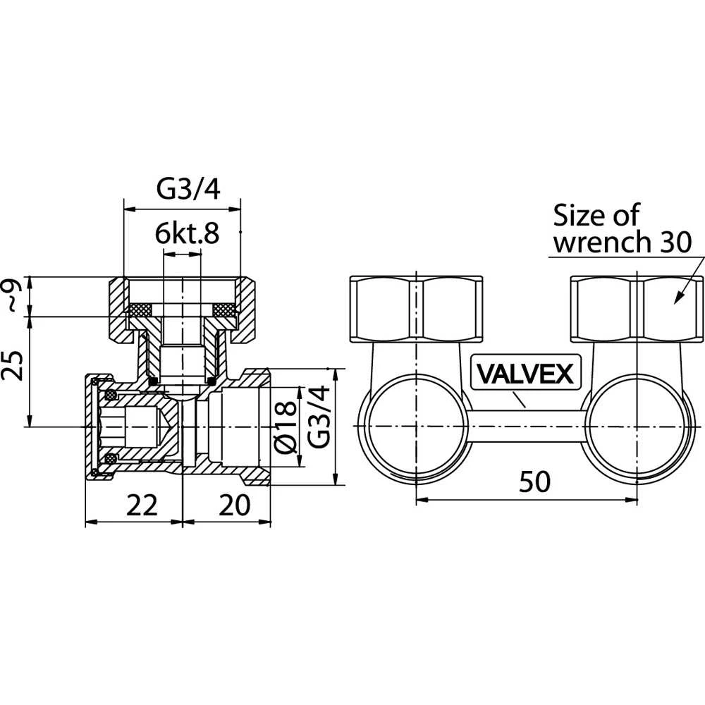 Valvex 1 / 2x3 / 4 "1480070 kampinis radiatoriaus vožtuvas