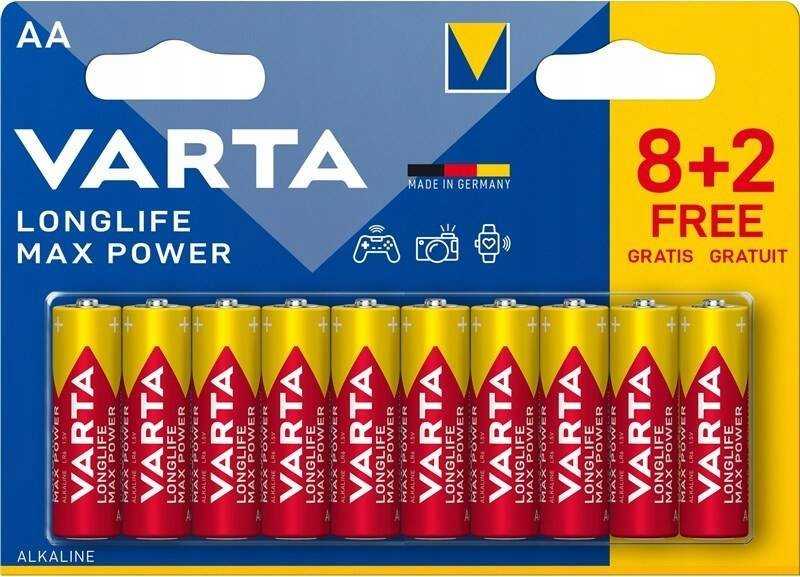 Varta Longlife Max Power AA baterijos, 10 vnt. (8+2)