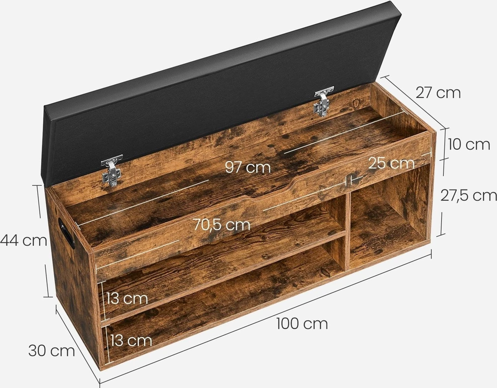 VASAGLE batų suoliukas su daiktadėže, 3 skyriai, 100 × 30 × 44 cm, LHS130B01
