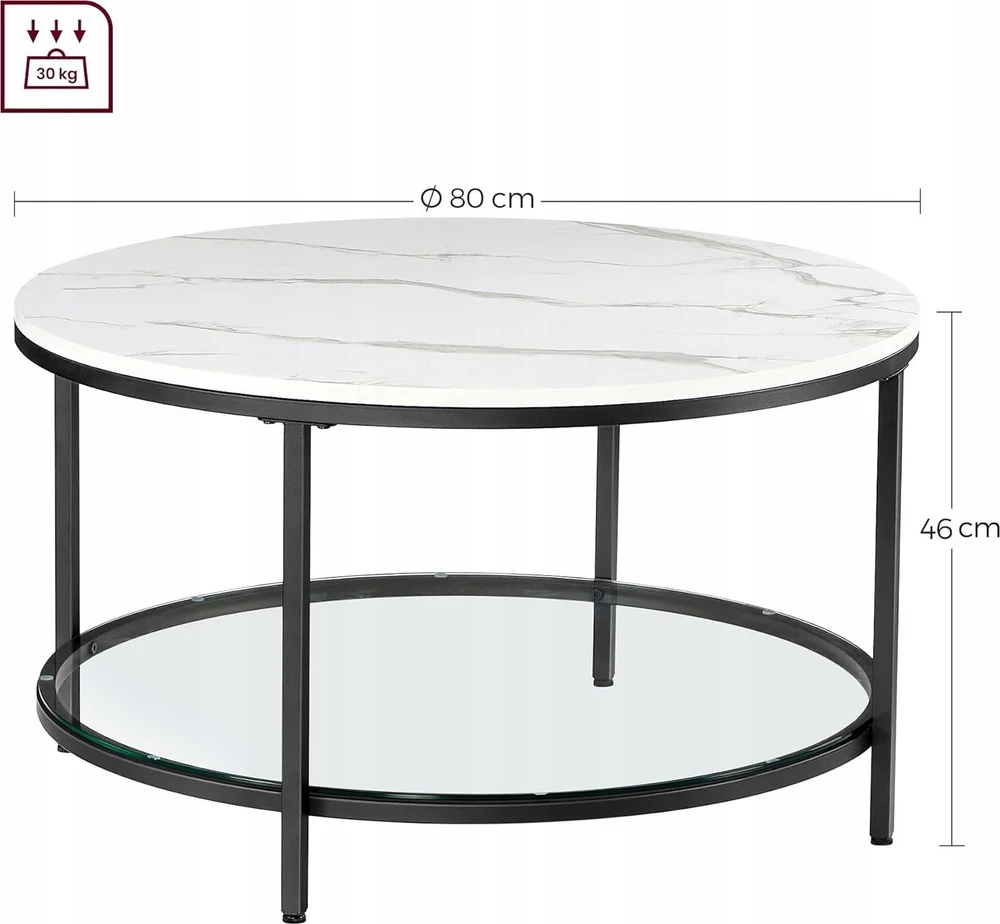 VASAGLE apvalus kavos staliukas 80 cm su grūdinto stiklo lentyna LCT071B13
