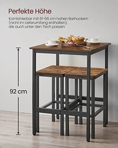 VASAGLE baro stalas, kvadratinis, plieno rėmas, 60x60x92 cm, industrinis, rudas ir juodas, LBT25X