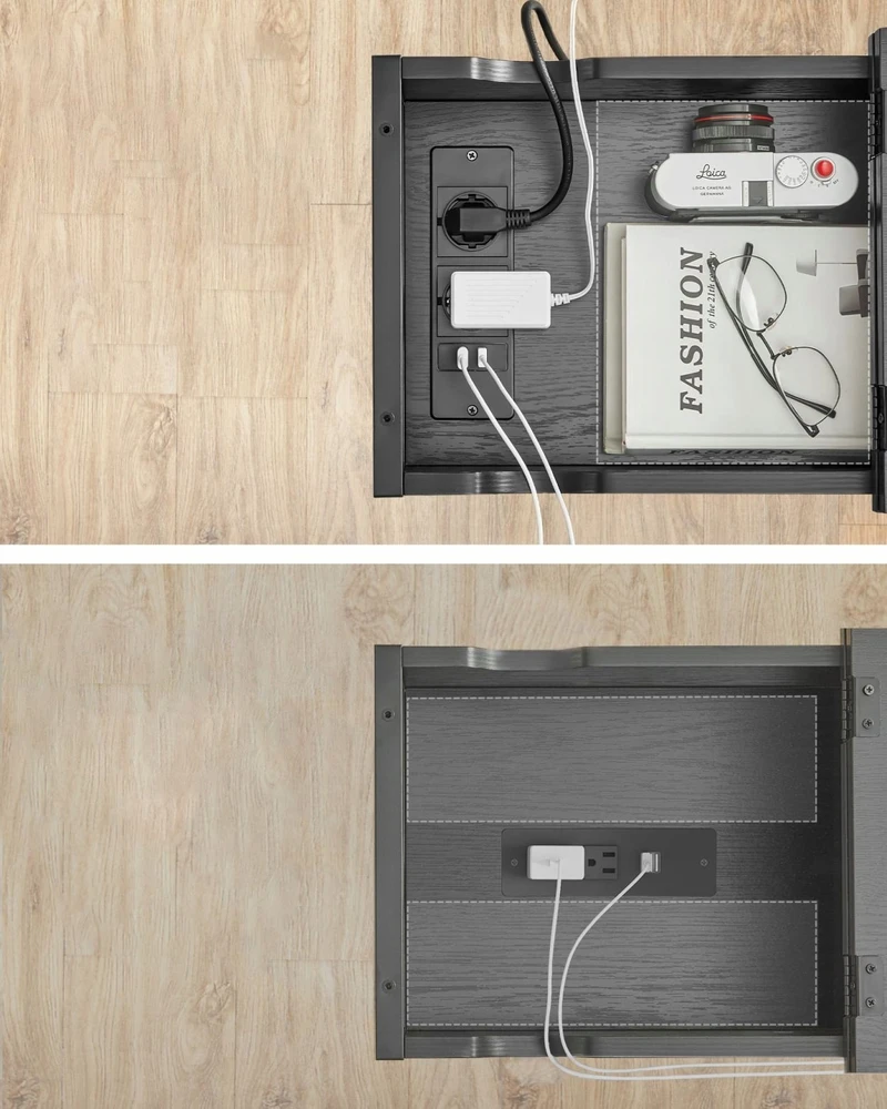 Vasagle Šoninis staliukas su elektros lizdu ir USB jungtimis, juodas su medžio tekstūra
