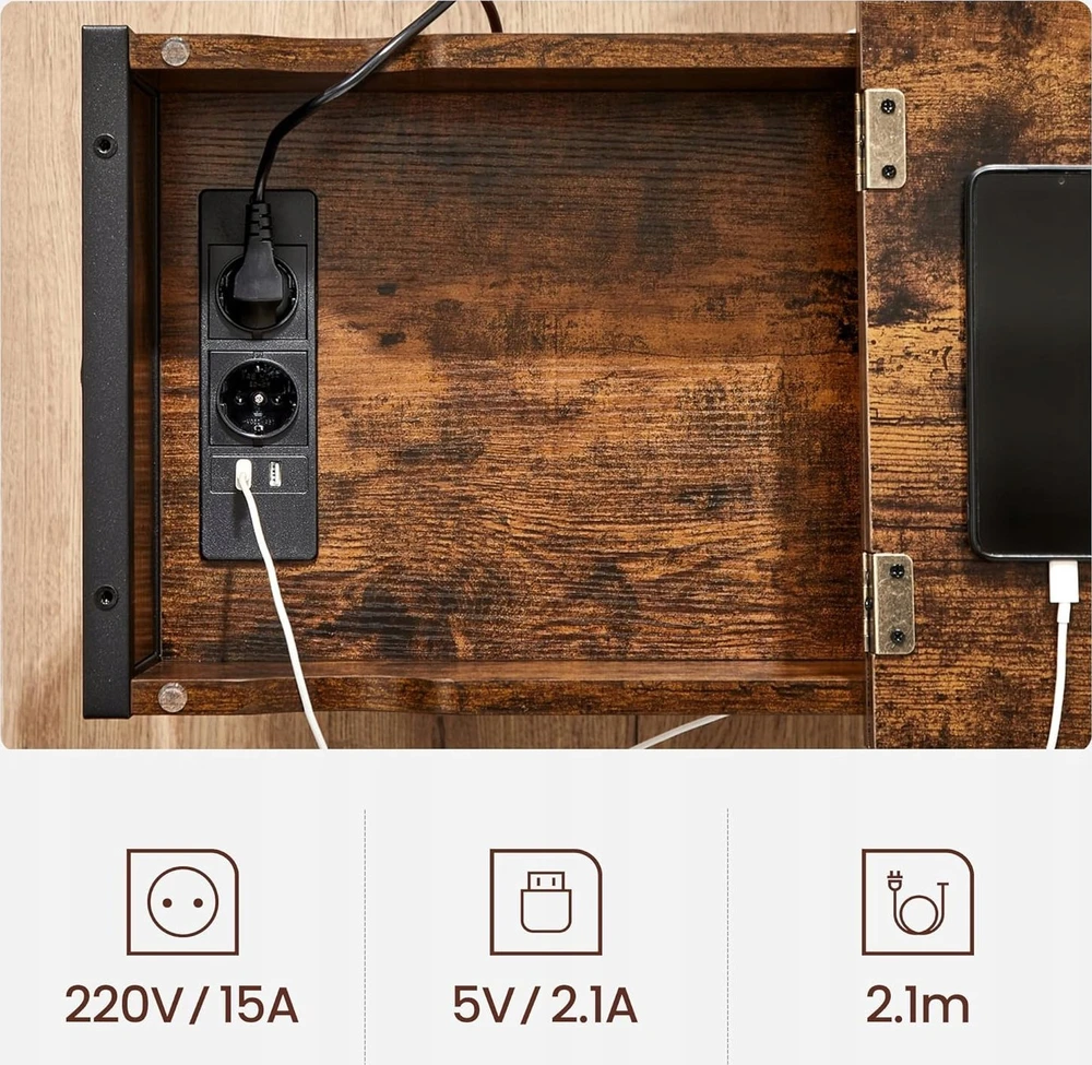 VASAGLE šoninis staliukas su elektros lizdais, USB jungtimis ir atlenkiamu stalviršiu LET311B01