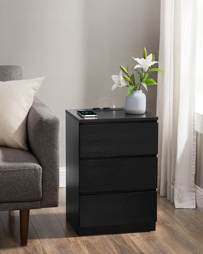Vasagle 2 naktinių staliukų rinkinys 2 USB jungtys modernus juodmedžio juodos spalvos