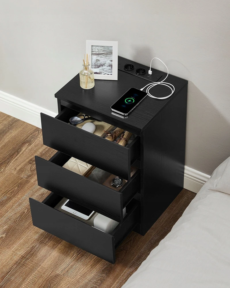 Vasagle 2 naktinių staliukų rinkinys 2 USB jungtys modernus juodmedžio juodos spalvos