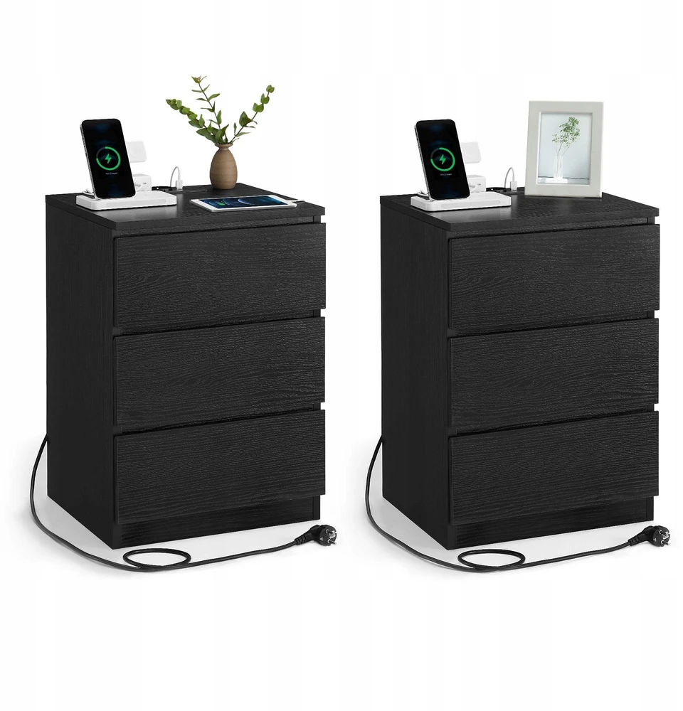 Vasagle 2 naktinių staliukų rinkinys 2 USB jungtys modernus juodmedžio juodos spalvos