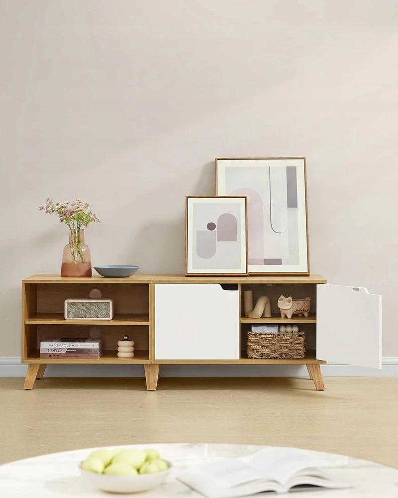 TV staliukas Songmics Vasagle Televizoriaus spintelė 140 cm ilgio, natūralaus ąžuolo spalva - kreminė balta