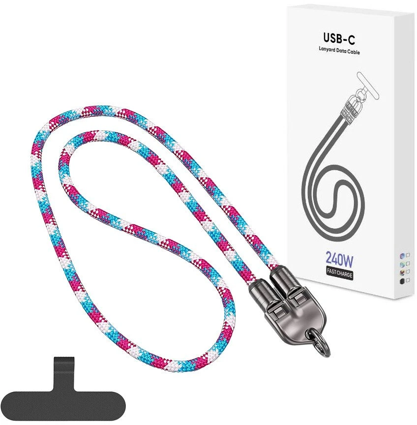 USB kabelis Vega ECOBOX* 240 W Type-C į Type-C pakabukas ant kaklo vaivorykštė rausvai mėlyna (36078)